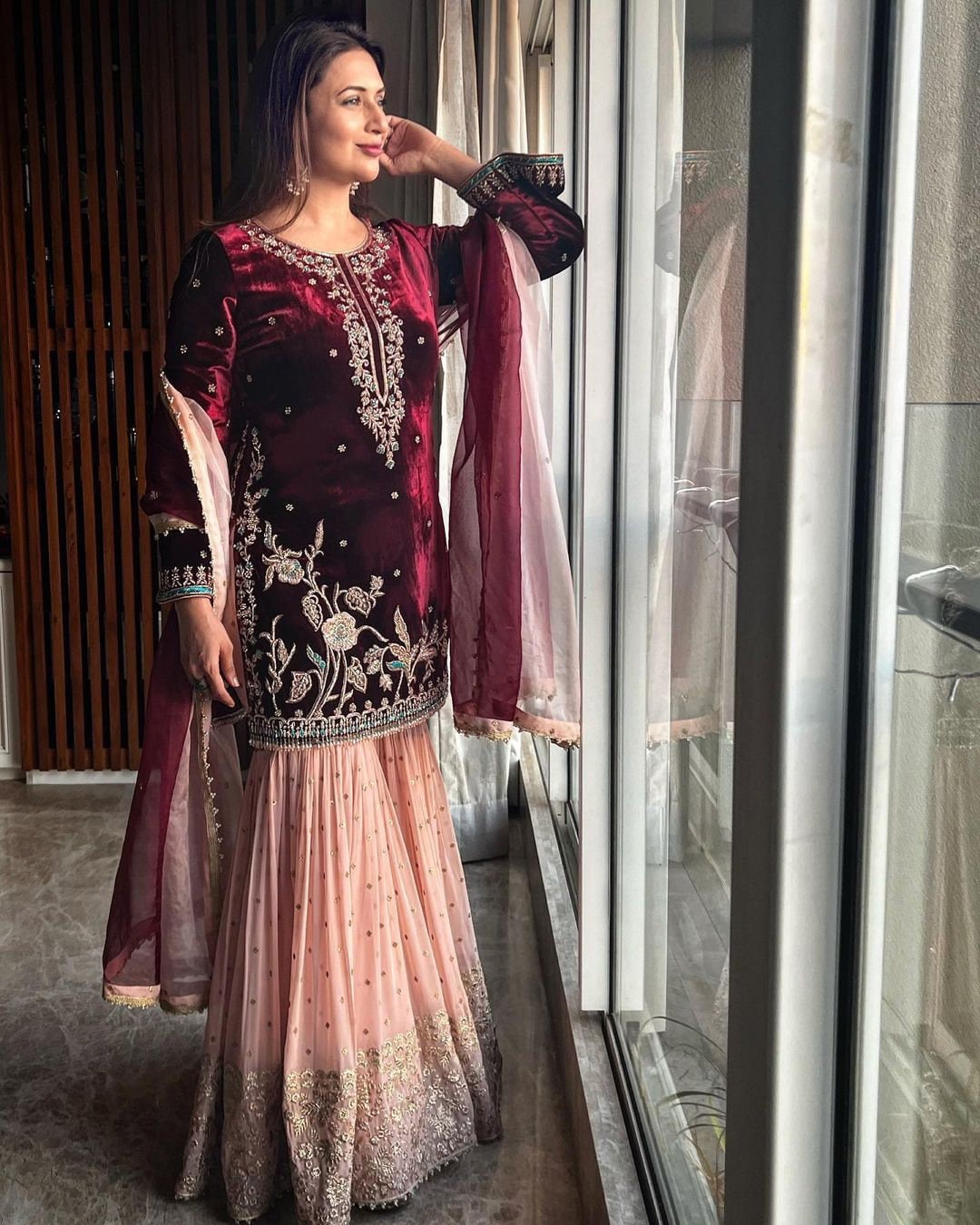 Plum Silk Velvet Fitted Gharara Set - Sureena Chowdhri | Velvet clothes,  Velvet dress designs, Fashion