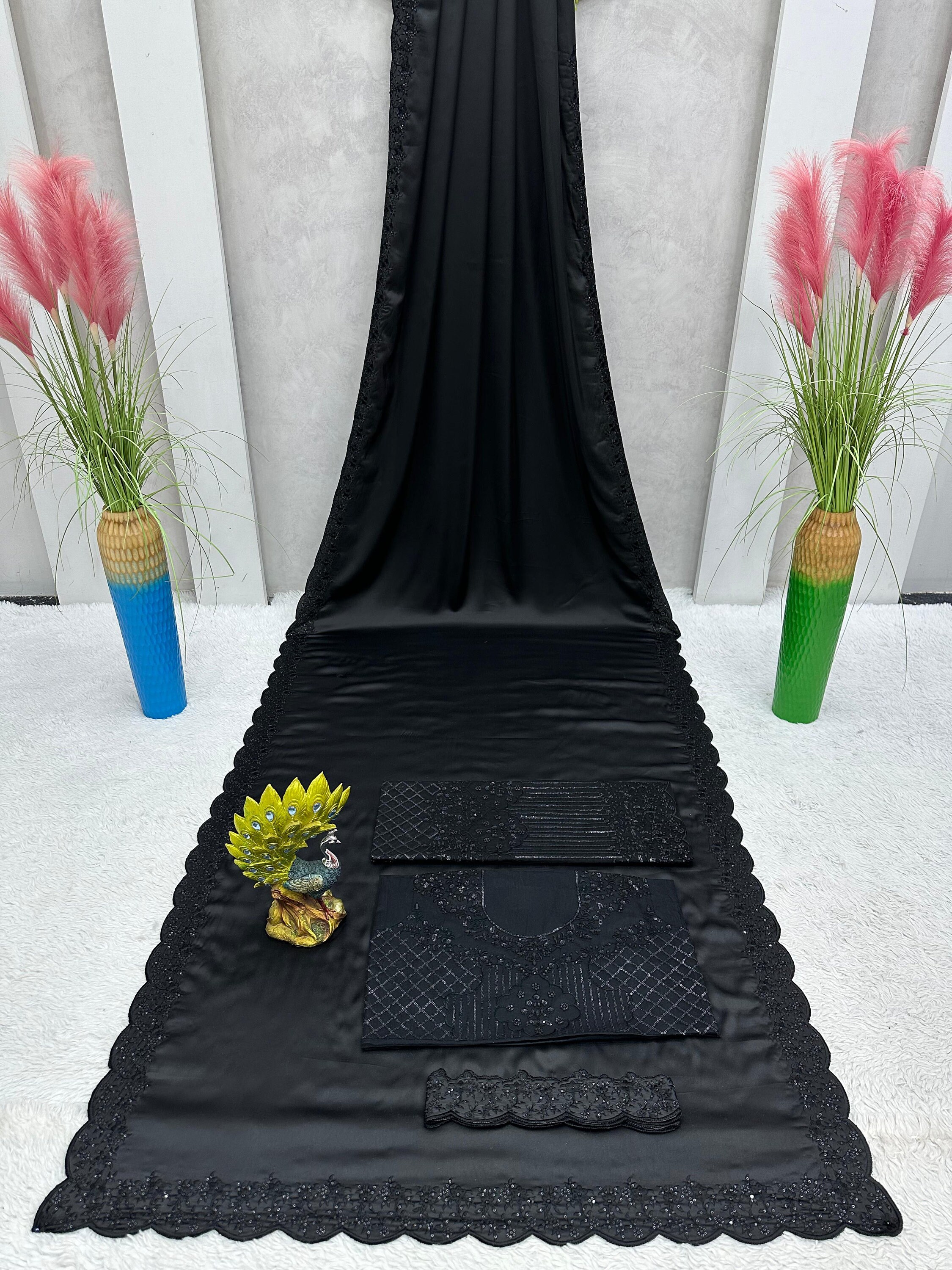 Black Georgette Unstitched Saree main image 0