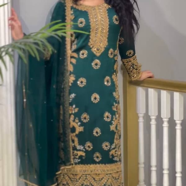 Pakistani Heavy Georgette Embroidered Partywear Heavy Work Straight Kurta plazzo & Dupatta Women, Readymade Wedding 3 pc Salwar Kameez Set