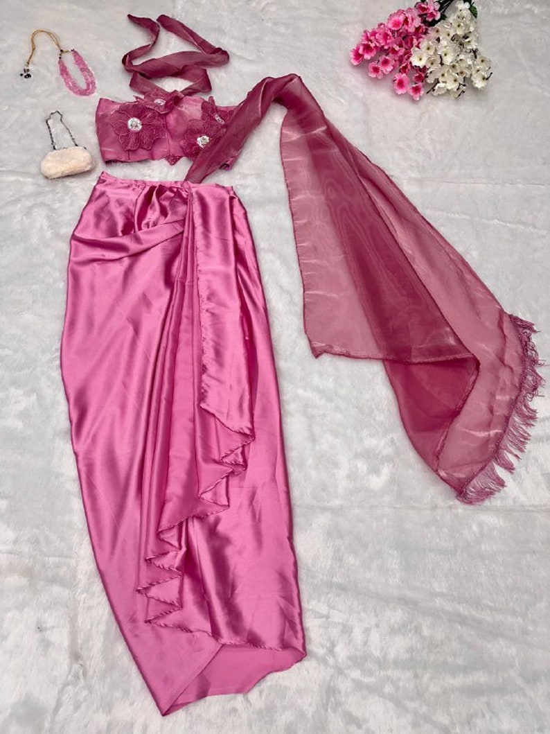 Orange Organza Indowestern with Crop Top & Drape Skirt - Elegant Ethnic Wear