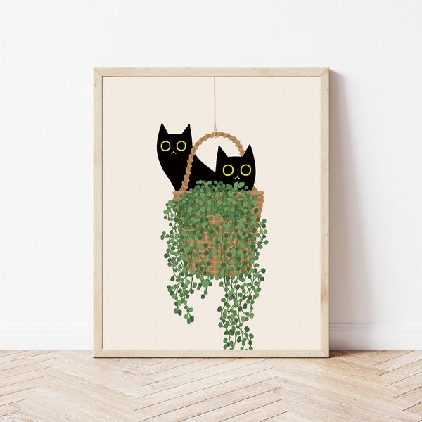 Cat Printable Wall Art, Black Cat Illustration, House Plant, Black Art, Black Cat Gifts, Plant Poster, Plant Print, Boho Prints