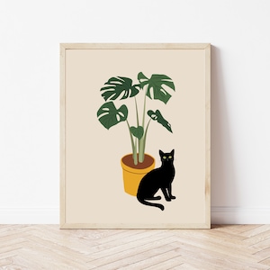 Printable Cat, Tropical Plants Wall Art, Boho Cat Wall Art, Cat Printable Art, Cat Poster, Cute Cat Print, Cat Plant illustration