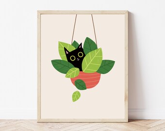 Black Cat Wall Art, Printable Black Cat, Boho Home and Cat Poster, Cat and Plant Poster, House Plants Print, Cat Mom Gift