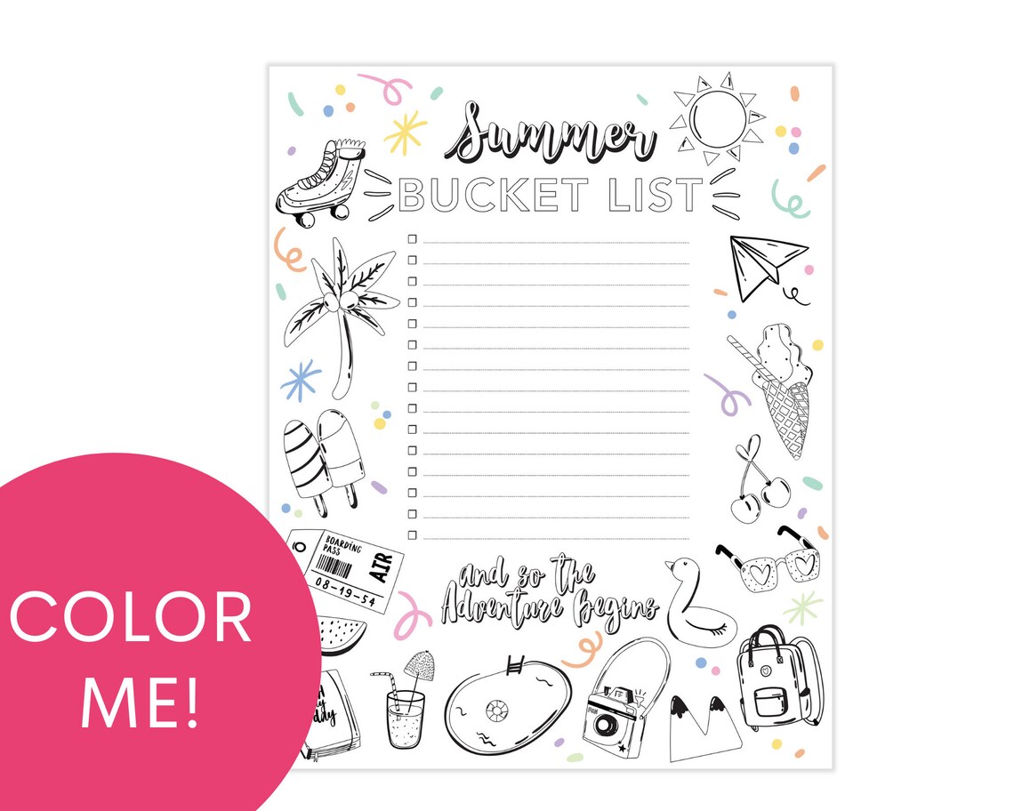 Coloring Summer Bucket List Printable Bucket List for Kids | Etsy