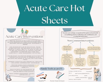 May include: A colorful infographic with the title "Acute Care Hot Sheets" and a list of "Acute Care Interventions" for occupational therapists. The infographic includes a list of "Handy Tools as an OT" and a section on the "Purpose of OT in Acute Care".