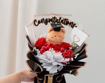 Handmade Graduation Bear Plushie Bouquet with Customizable Note - Handcrafted Congratulatory Gift