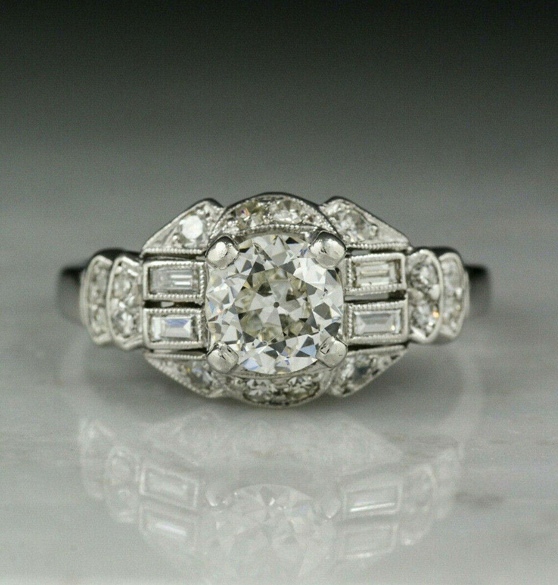 1.48Ct Round Moissanite Art Deco Vintage Engagement Ring 14K White Gold Over 