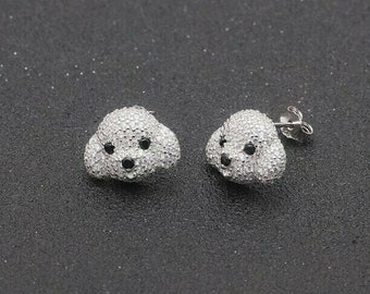 Cute Dog Diamond Earrings, 14K White Gold, 1.2Ct Diamond, Sterling Silver Earrings, Animals Earrings, Gift For Daughter, Baby Girls Earrings