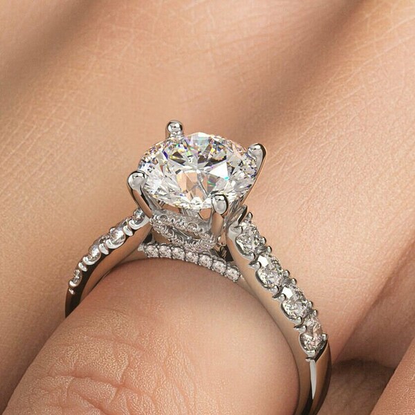 Engagement Moissanite Ring, 2.5 Ct Colorless Moissanite, 14K White Gold, Cathedral Shank, Surprise Diamond Ring, Solitaire With Accents Ring