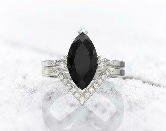 Ring Set, Wedding Bridal Ring Set, 3.16 Ct Black Diamond, Engagement V Shape Band, 14K White Gold Ring Set, Anniversary Gift, Bridal Jewelry