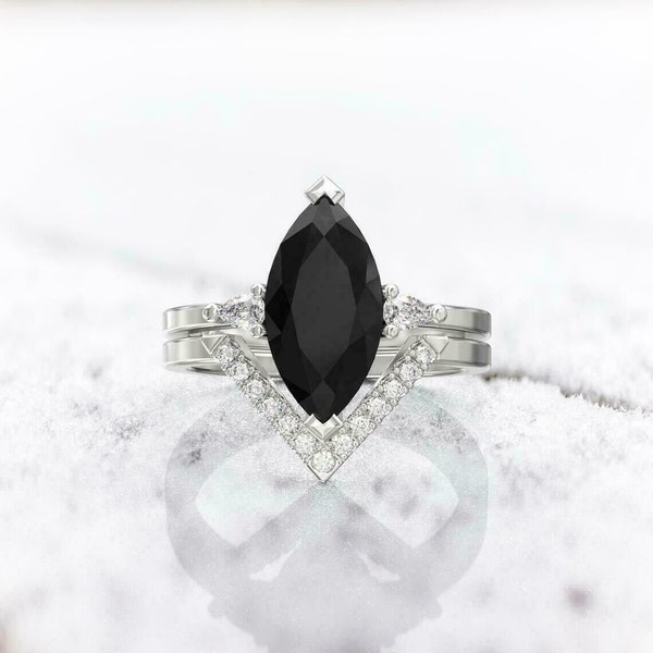 Ring Set, Wedding Bridal Ring Set, 3.16 Ct Black Diamond, Engagement V Shape Band, 14K White Gold Ring Set, Anniversary Gift, Bridal Jewelry