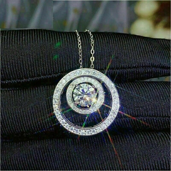 Silver Necklace, 1.39 Ct Colorless Moissanite, 14K White Gold, Double Halo Circular Necklace, Gold Necklace, With Chain, Necklace For Women