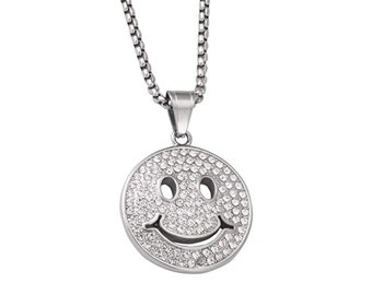 Cute Smiley Necklace, 1.1Ct Diamond, 14K White Gold, Engagement Silver Pendant, Cute Baby Girls Pendant, Without Chain, Present For Daughter