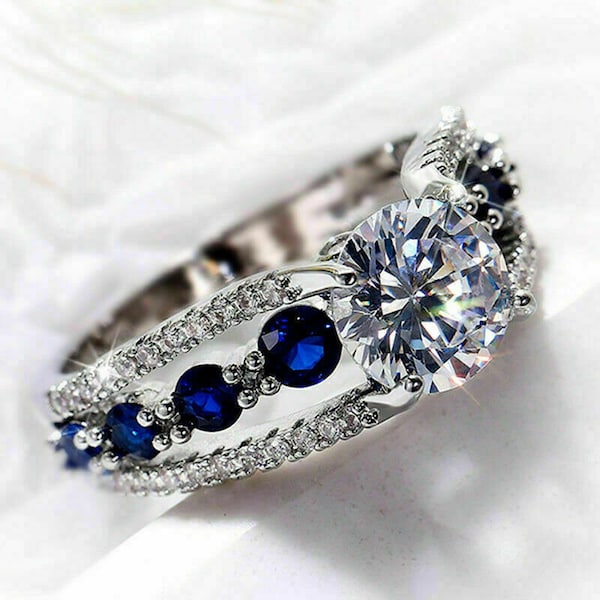 Moissanite Ring, 2.54 Ct Colorless Moissanite, 14K White Gold, Sapphire Diamond Ring, Wedding Rings, Unique Engagement Rings, Wedding Rings