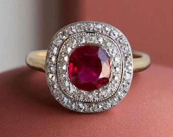 Anello con alone ovale in rubino e doppia montatura in diamanti, oro giallo massiccio 14 carati, anello di fidanzamento importante, anello di promessa con pietra preziosa rossa in stile vintage