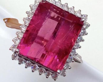 Large Emerald Cut Ruby Diamond Halo Ring In 14k White Gold, Luxury Cocktail Statement Ring, Elegant Ruby Jewelry, Vintage Inspired Ring Her