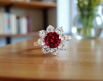 Anello di fidanzamento con rubino e alone floreale, oro rosa 14k, anello con grappolo di fiori di diamanti, anello con fiore vintage, anello con design a fiore scintillante