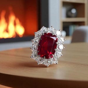 Pode incluir: Um anel com uma grande pedra preciosa retangular de cor rubi, rodeada por um halo de pedras preciosas claras menores. O anel está colocado sobre uma superfície de madeira, com uma lareira desfocada ao fundo.