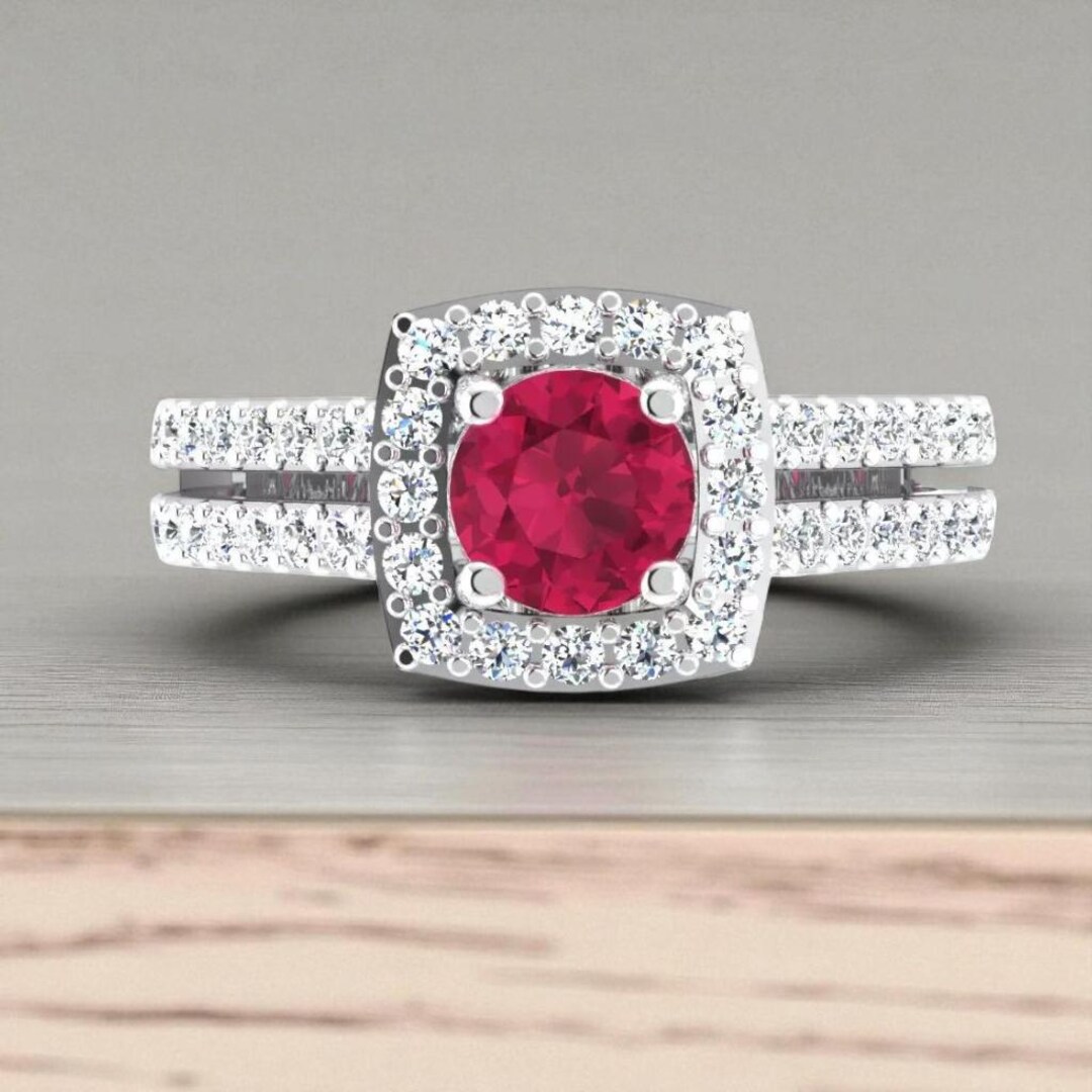 Luxury Round Cut Ruby Engagement Ring Diamond Halo Ring, 14k White Gold ...