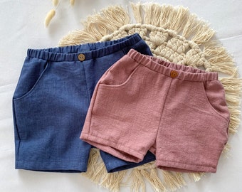 Linen shorts for children, with pockets in various colors