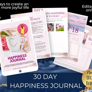 Digital Happiness Journal | 30 Day Gratitude Book | Daily Happiness Journal Editable Online | For Etsy Shop Owners and Happy Side Hustlers