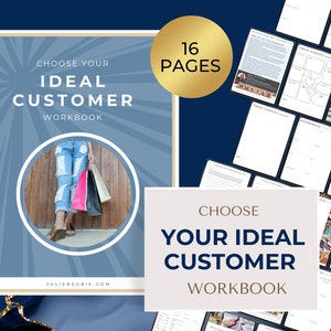 Puede incluir: Un cuaderno de trabajo titulado "Elige tu cuaderno de trabajo ideal para el cliente" con 16 páginas. La portada presenta texto y una imagen de una persona sosteniendo bolsas de compras. Se ven páginas adicionales con texto y diagramas.