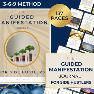 Könnte beinhalten: Ein Journal mit dem Titel "The Guided Manifestation Journal for Side Hustlers" mit 137 Seiten. Das Cover zeigt einen goldenen Kreis mit einer Grafik von Bäumen, die aus Münzstapeln wachsen. Der Titel des Journals und der Name des Autors sind ebenfalls sichtbar.