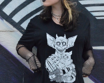 The Cat&That Nu Goth Unisex T-Shirt, Black Tshirt with 3 Eyed Cat and Monster, Sci-Fi Shirt, Alternative shirt, Cool Tshirt, Alt clothing