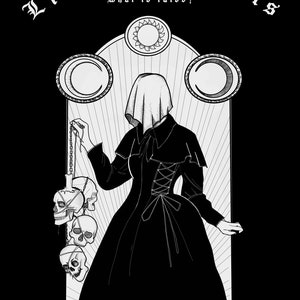 May include: Black and white illustration of a hooded figure holding a chain with three skulls. The figure is standing in front of an archway with a sun and two moons. The text "Liars are Fools" and "What is false?" is above the figure. The text "SKEPTICISM" is below the figure.