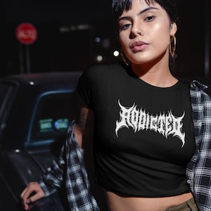 Addicted | Harajuku Girl Crop Top| Alternative Aesthetic Clothing | Casual Goth Girl Tee| Emo Girl Top | Woman Cropeed Tee| Egirl