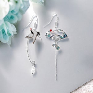 Mismatched Silver Japanese fan & crane earrings | Korean Earrings | Oriental Jewellery | Sensu fan earrings | Art Deco Gift | Clip on