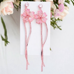 Rose gold Sakura Flower Dangle Earrings | Cherry Blossom | Long Floral Jewellery | Japanese  | Kawaii earrings | Gift bag | Free  Delivery