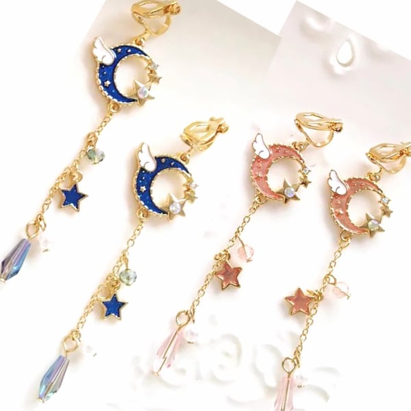 Sailor moon inspired cute moon star wing themed Dangle Clip on Earrings | Fantasy Magic girl Earrings | Japanese anime Jewellery | Gift bag