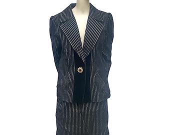 Yves Saint Laurent Rive Gauche Black & Fuchsia Striped Corduroy Skirt Suit