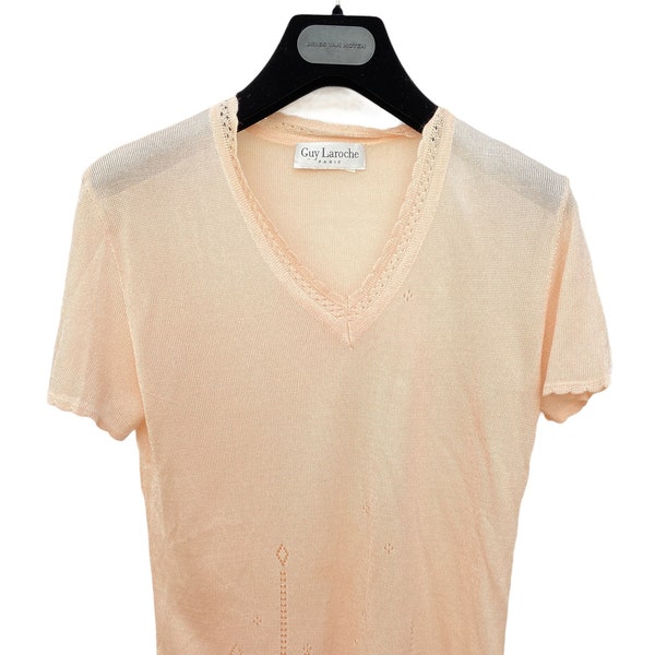 60s Guy Laroche Lovely Light Pink Crochet Laced Light Wool T-shirt Size XS