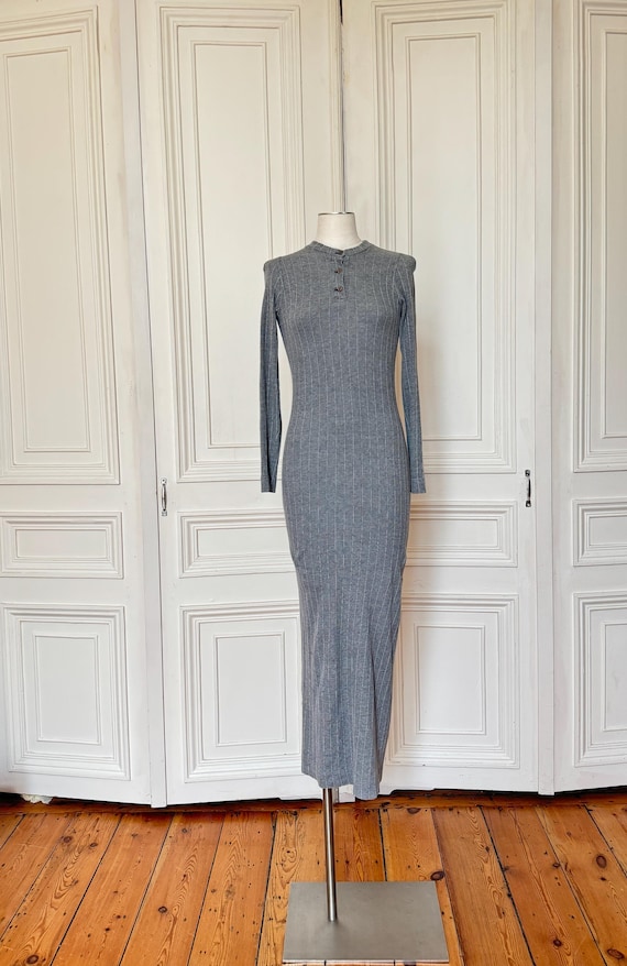 Dries Van Noten, Dries Van Noten 1990s Grey Striped Cotton Maxi Dress SIze M fits XS to S