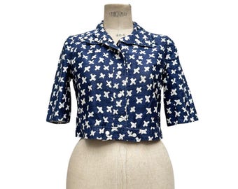 Courreges Vintage Navy White Short Sleeves Cropped Jacket Size C fits M