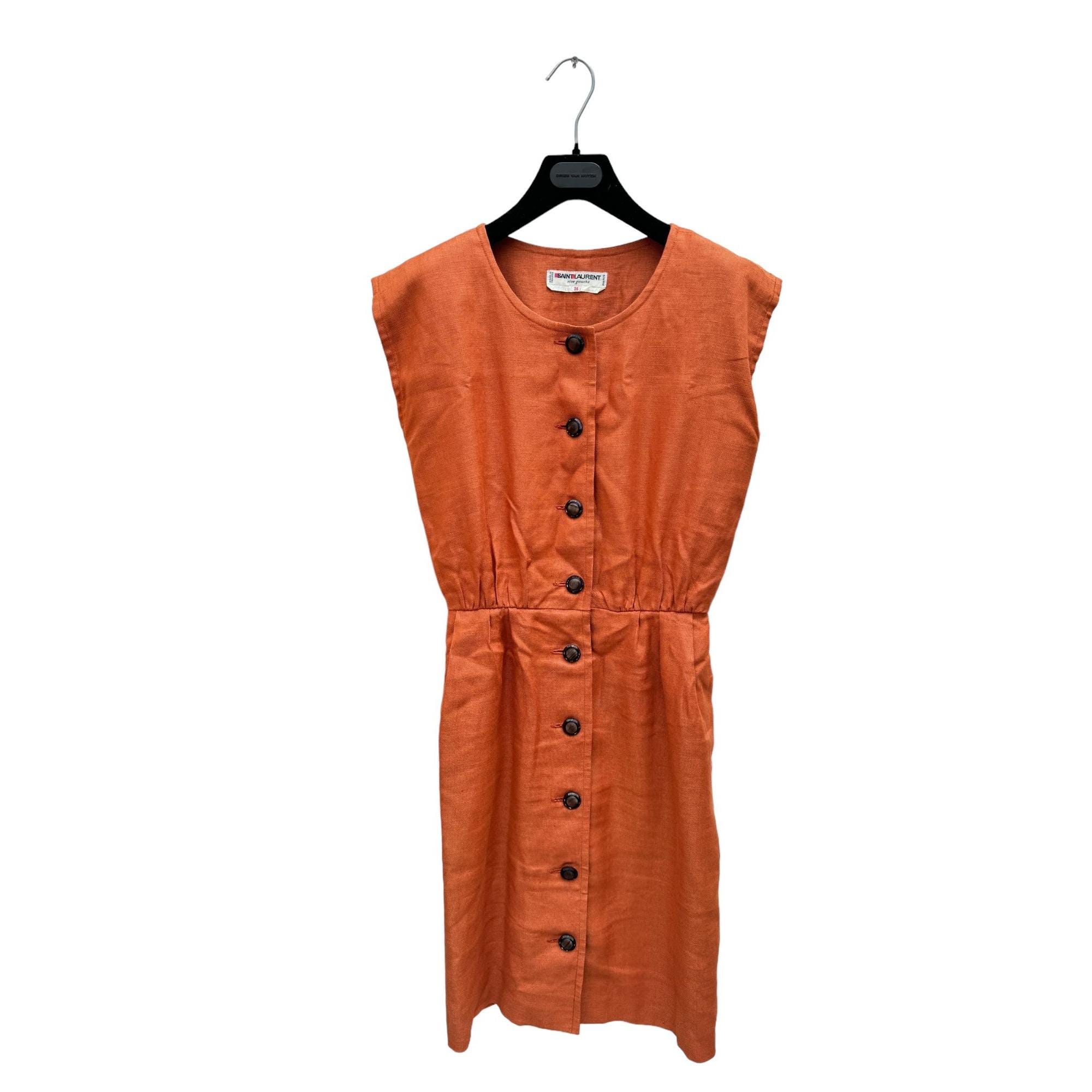 Saint Laurent Paris 1970S Orange Linen Cotton Buttoned Dress Size 36 fits M