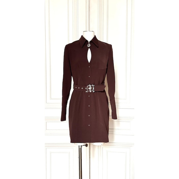 Mugler, Mugler 1990s Vintage Brown Belted Shirt Dress Size 38