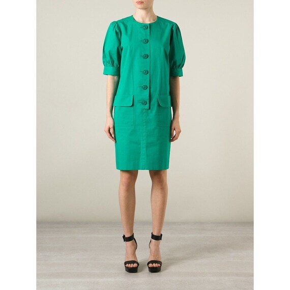 yves saint laurent green dress Yves Saint Laurent Vintage AW 1991 Metallic Green Silk Taffeta Plungin –  Amarcord Vintage Fashion main image 1