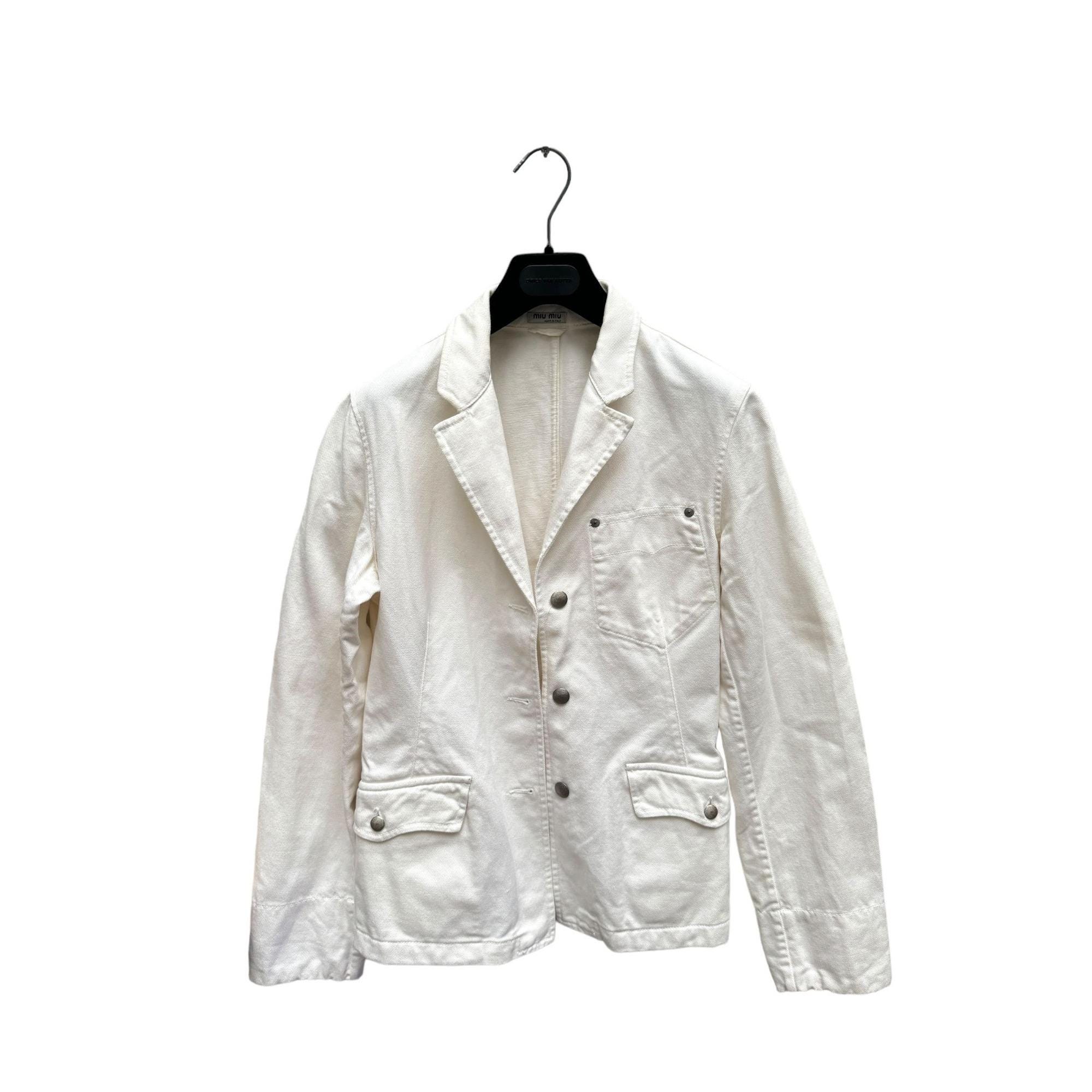 か*読様 miumiu white denim jacket ［M］ Miumiu Miu Miu White Denim Blazer Jacket Size IT 42 Fits S