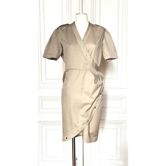 Mugler, Thierry Mugler 1990s Beige Cotton Utility Wrap Dress Size 38