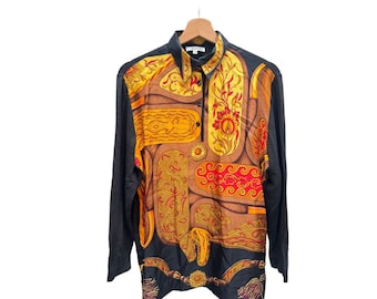 Hermes 1992 Vintage Zijden Kasjmier Print Shirt Festival des Amazones Maat M