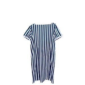 May include: A black and white striped short-sleeved dress with a square neckline.