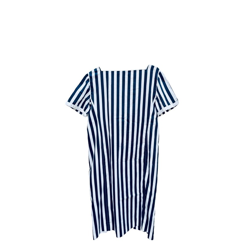 May include: A black and white striped short-sleeved dress with a square neckline.