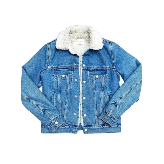 Sandro Lightwash Denim Shearling Jacket Sherpa Lined Size XS