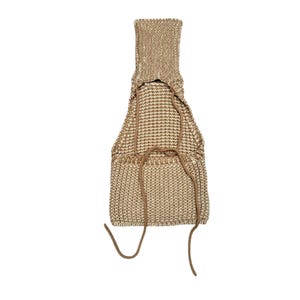 May include: A brown and cream knitted sleeveless top with a high neck and a tie at the front.