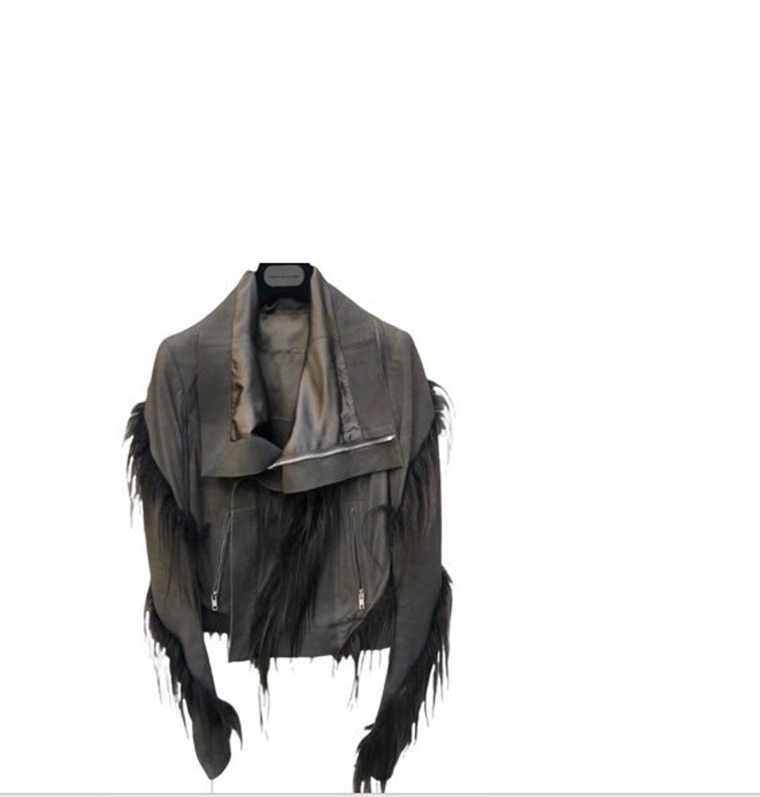 Rick Owens Grey Leather Fringed Fur Biker Jacket Size US 6 / IT 40