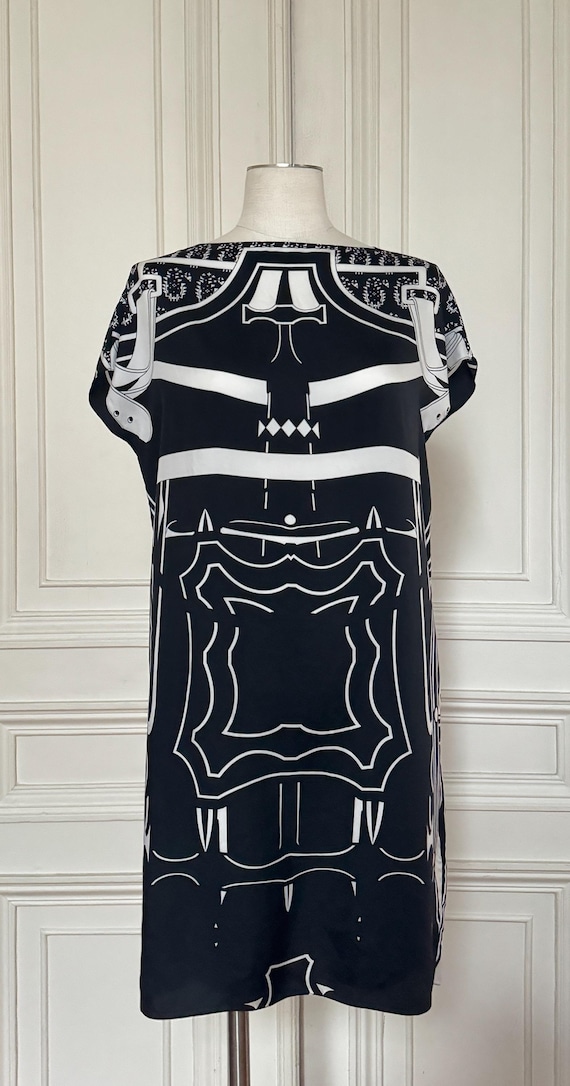 Hermès, Hermes by Jean Paul Gaultier Black white Pritned Silk Dress Size 34 fits XS to M
