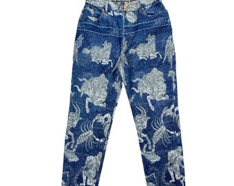 Jean Paul Gaultier FW 1994 Le Grand Voyage Vintage Blue denim jeans Pegasus Print all over Size 28